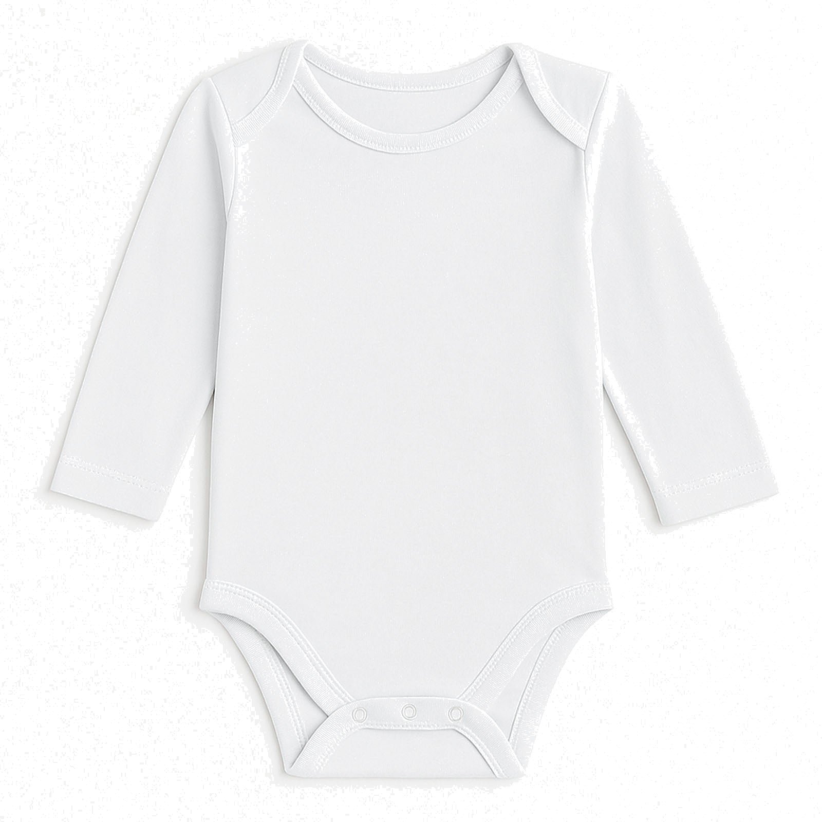A long-sleeve white baby bodysuit with a crew neck and three-button snap closure at the crotch, laid flat on a textured white background.