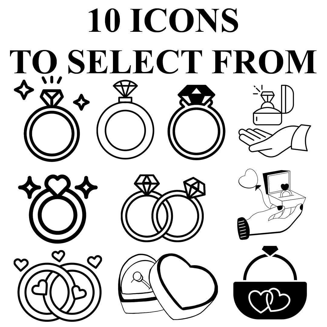 Chart of 10 different black-and-white engagement ring icon designs to choose from, including hearts, diamonds, boxes, and hands holding rings.