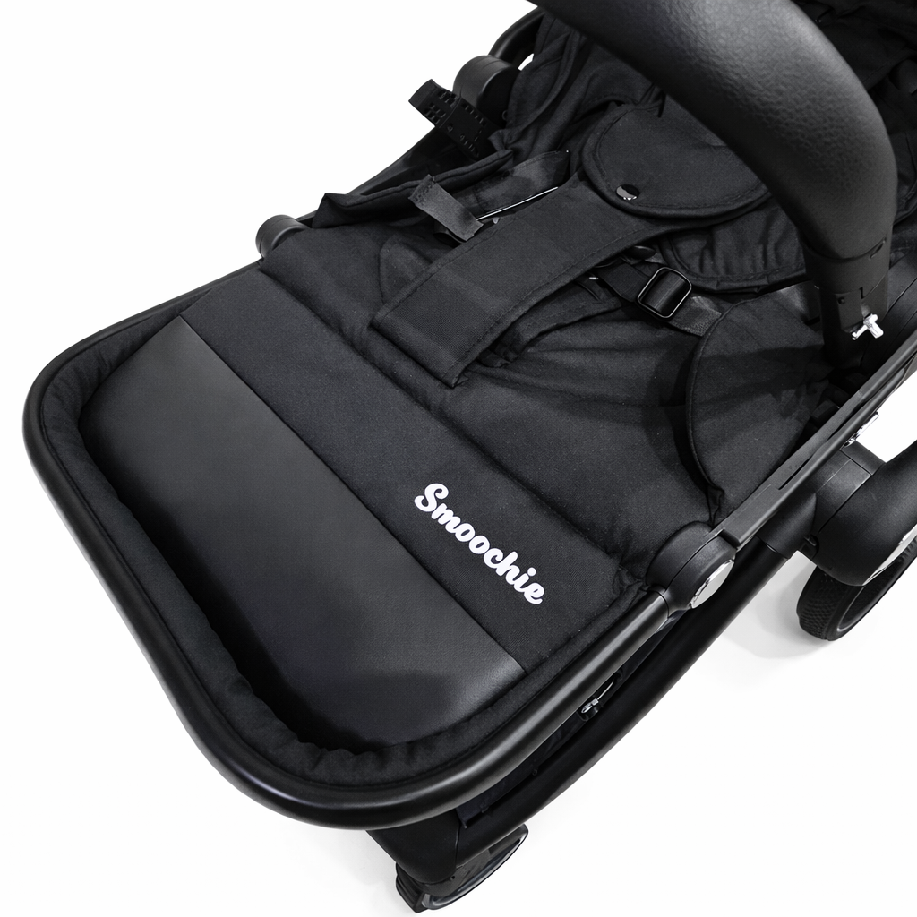 Black Smoochie baby stroller seat adjusted for sleeping positon