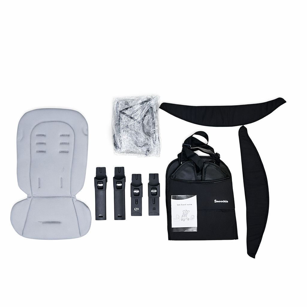 Collection of car seat installation components including a gray seat cover, straps, and a black bag on a white background.