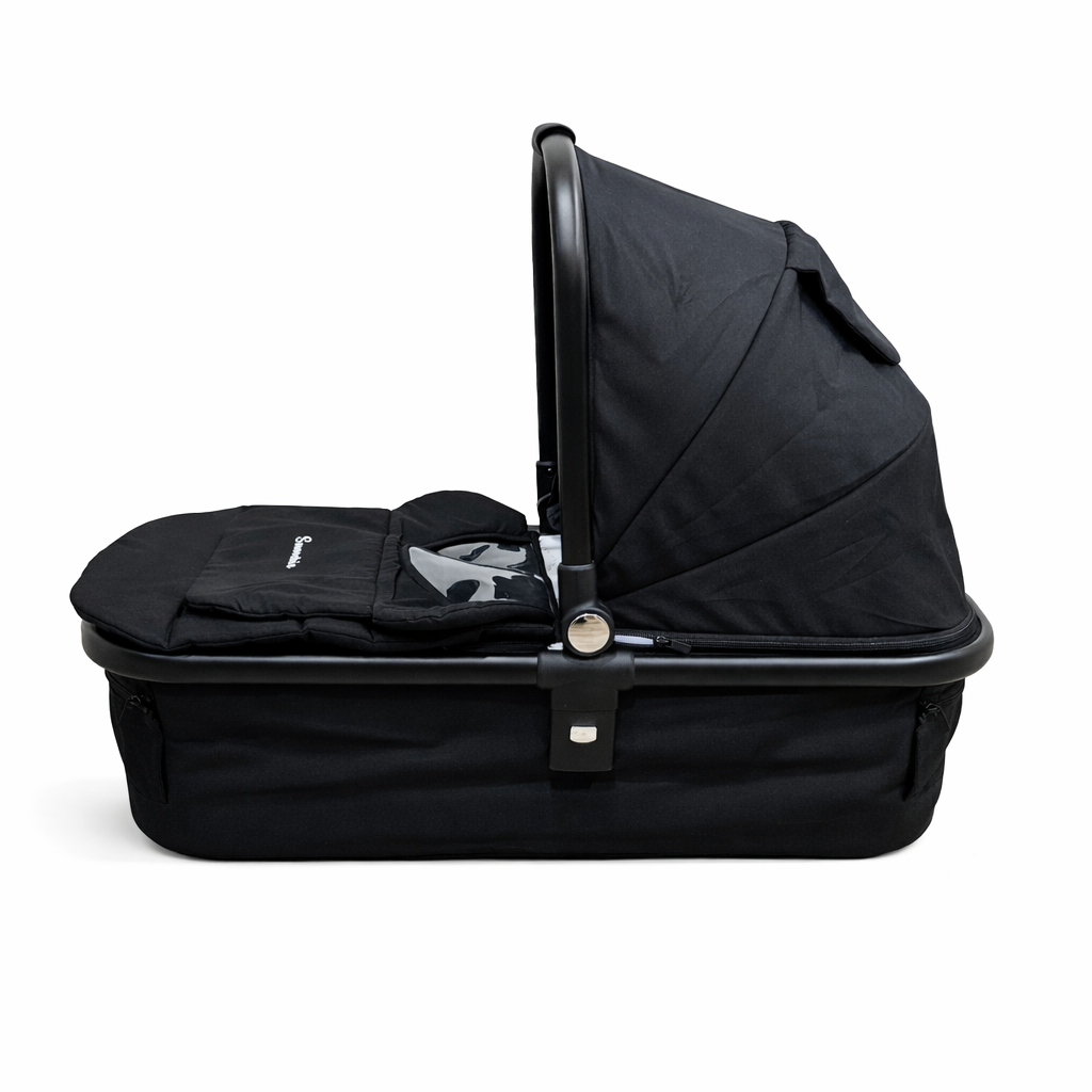 Black baby bassinet on a white background