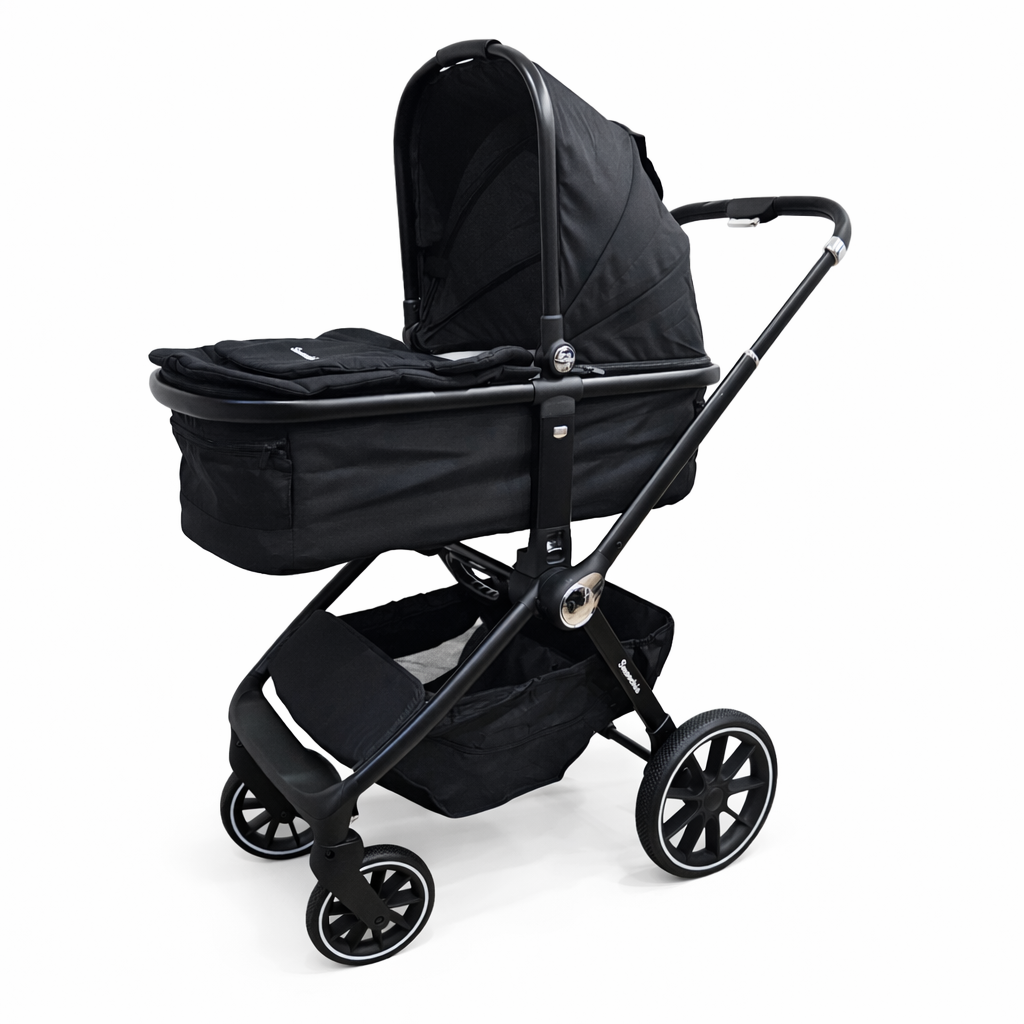 Black stroller with bassinet attachment forward facing on a white background