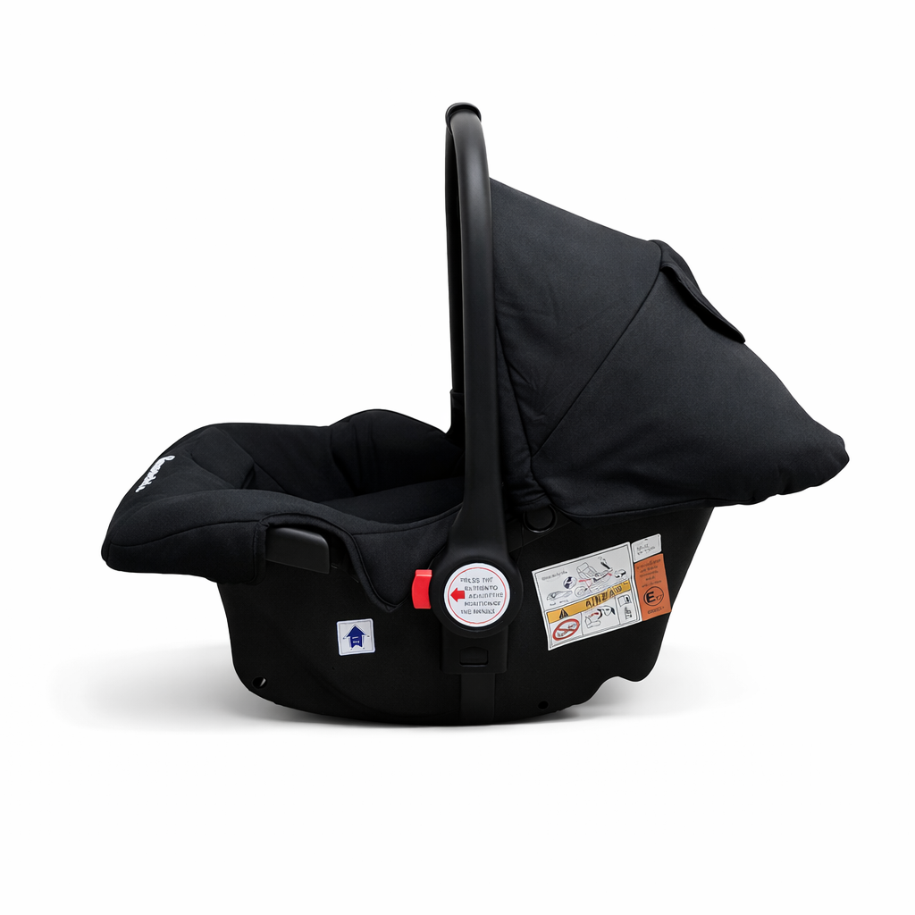 Black baby car seat with canopy on a white background