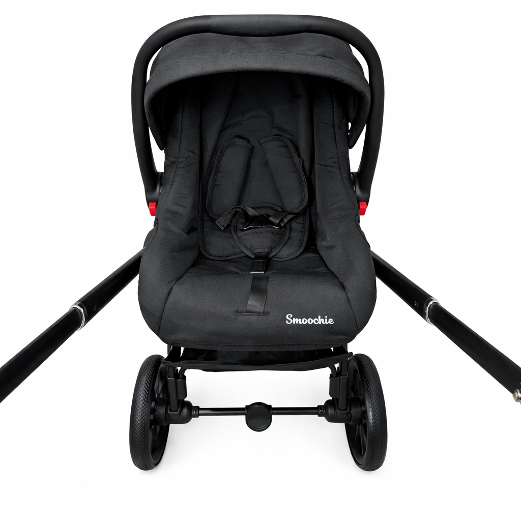 Black baby stroller with 'Smoochie' branding showcasing baby car seat parent facing