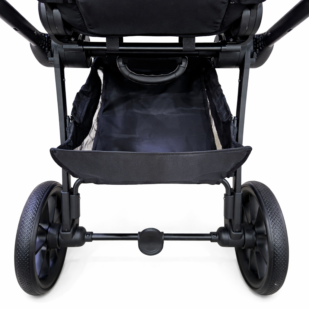 Close-up of a black stroller showcasing large under basket for essentials