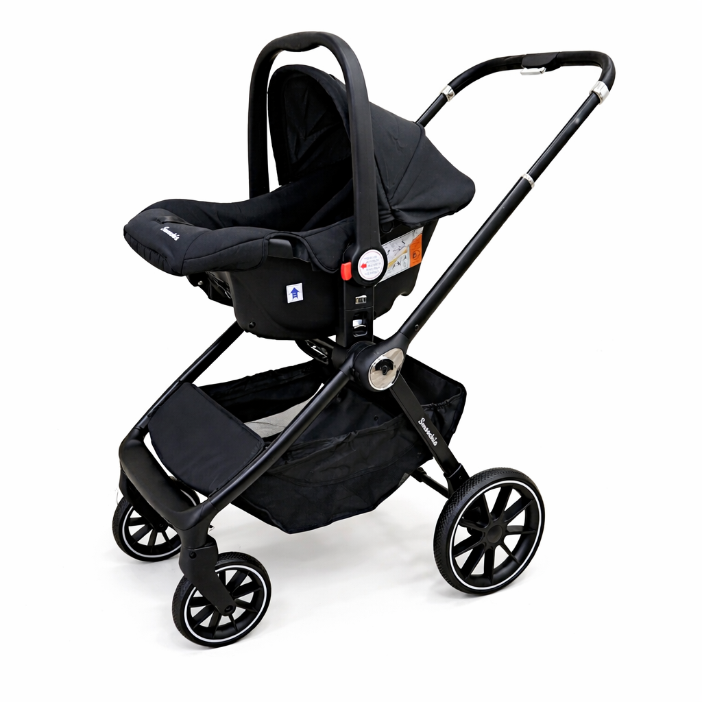 Black stroller with baby seat on a white background