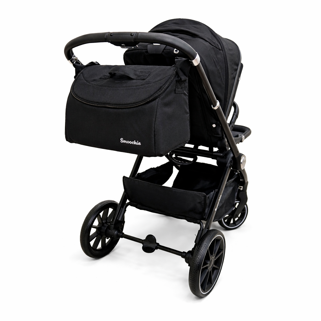 Black stroller with matching bag on a white background