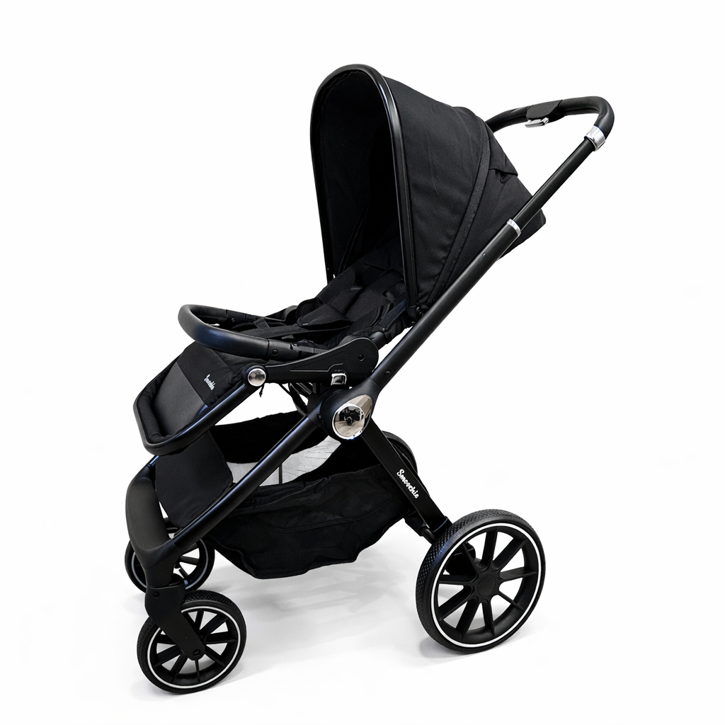 Black stroller on a white background