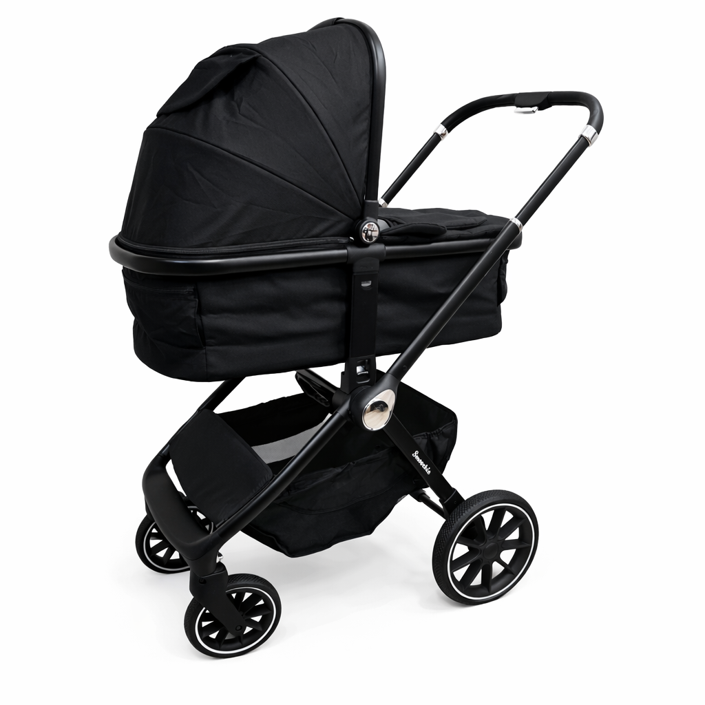 Black stroller with canopy on a white background