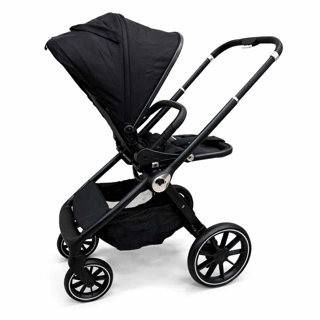 Black stroller on a white background