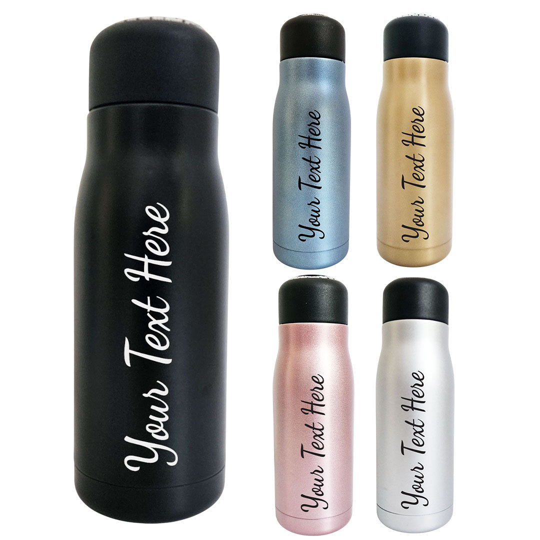 Set of five insulated bottles with customizable text on a white background