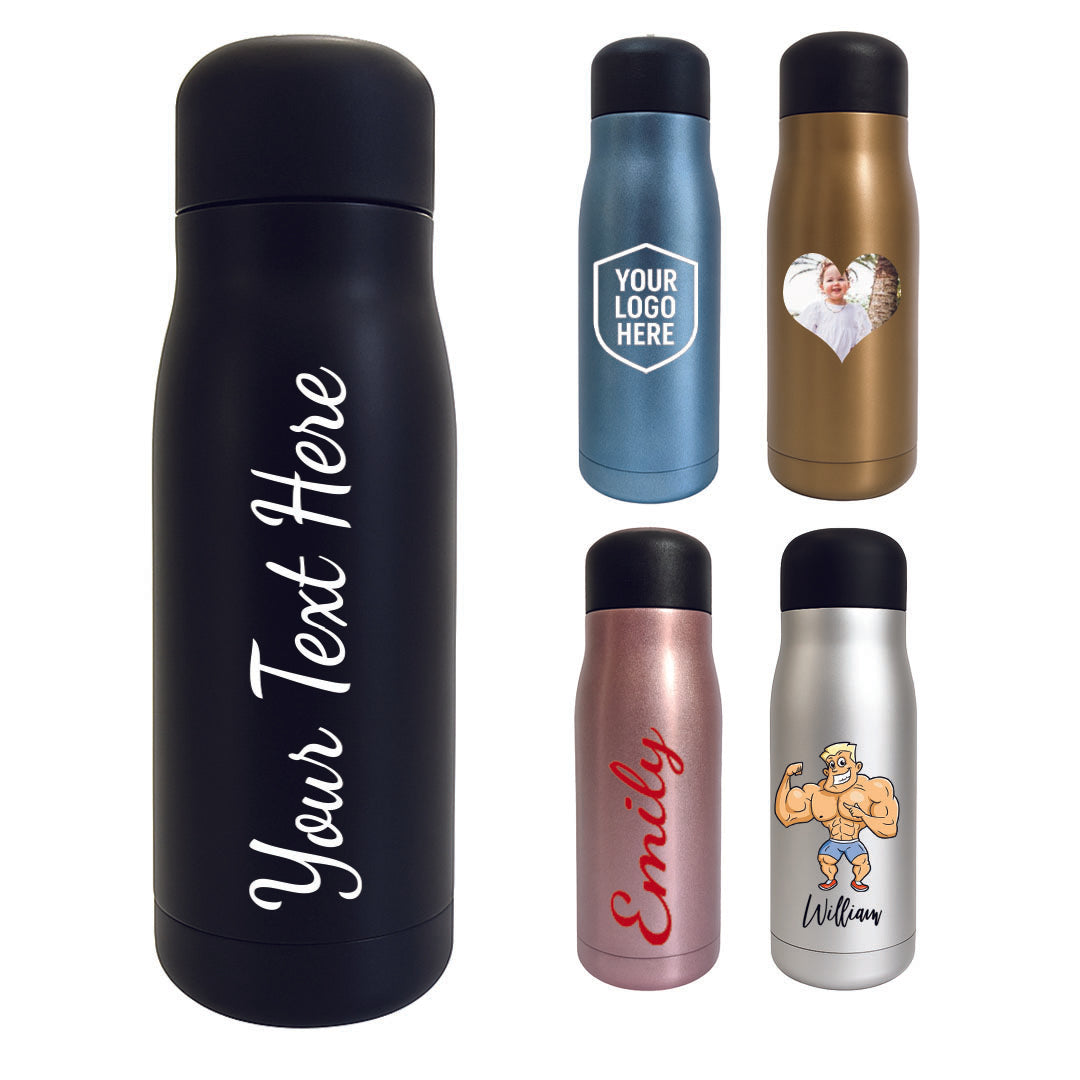 Collection of personalized water bottles with different designs and text on a white background