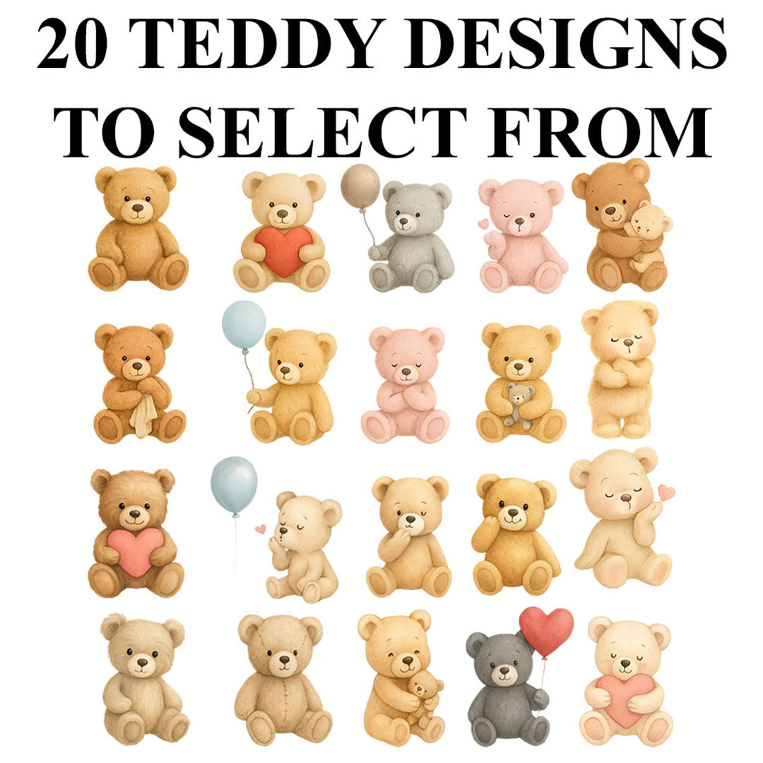 Display of 20 charming teddy bear illustrations in a variety of colours and poses. Perfect for selecting custom designs for personalized baby clothing and gifts.