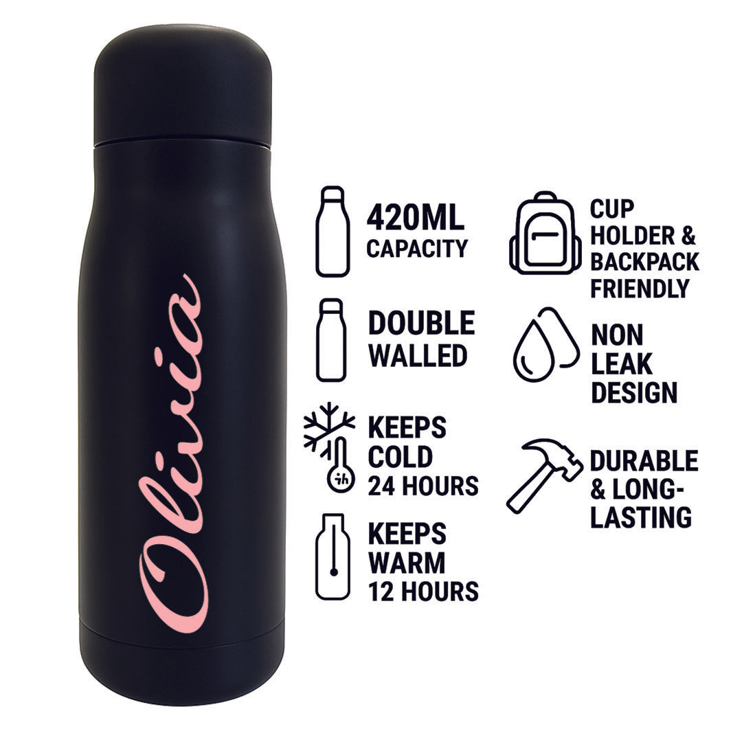 Black insulated bottle with pink name 'Olivia' on a white background with feature text.