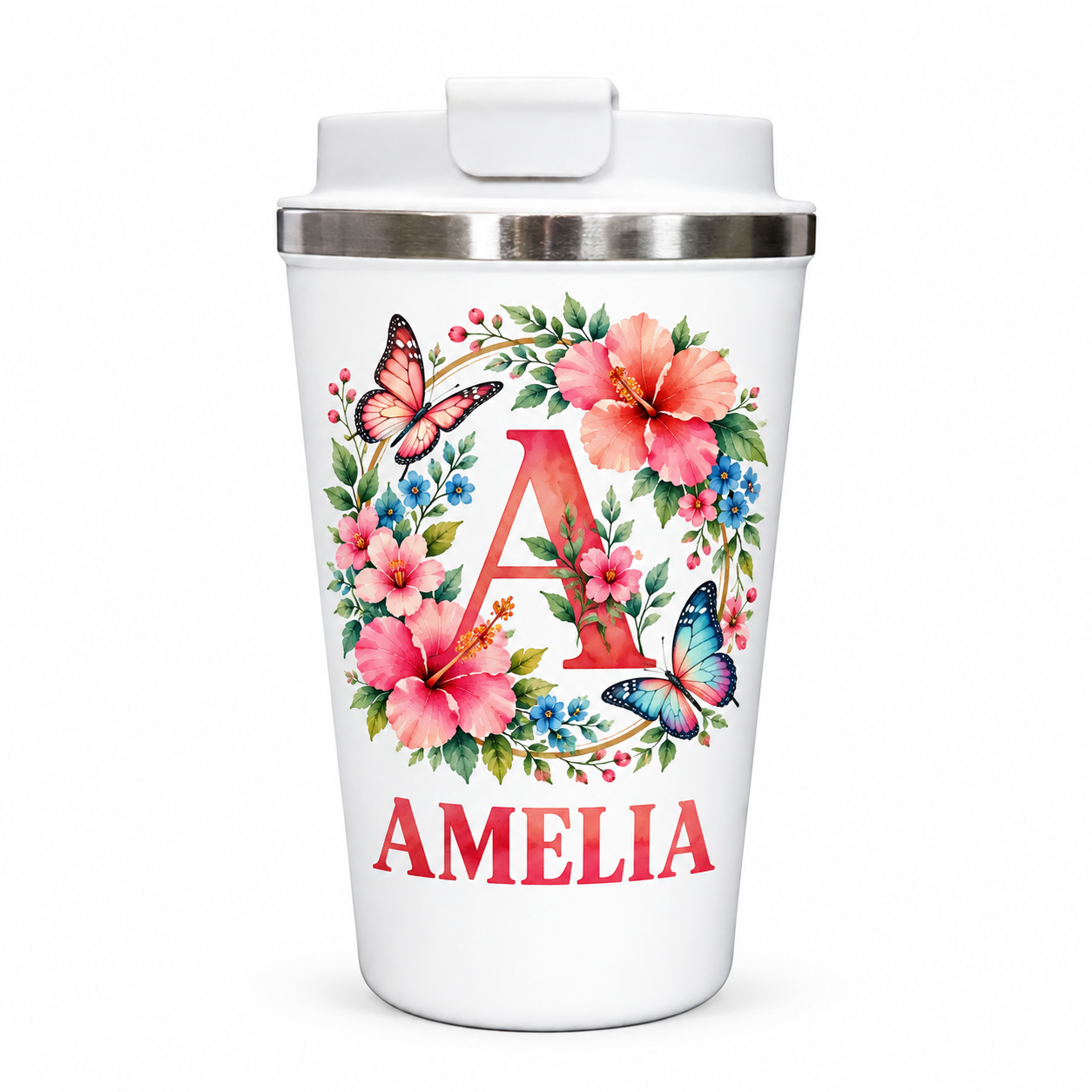 A white insulated travel tumbler with a flip-top lid and a stainless steel rim, decorated with a colorful floral wreath, a large red letter A, butterflies, and the name AMELIA in red text.