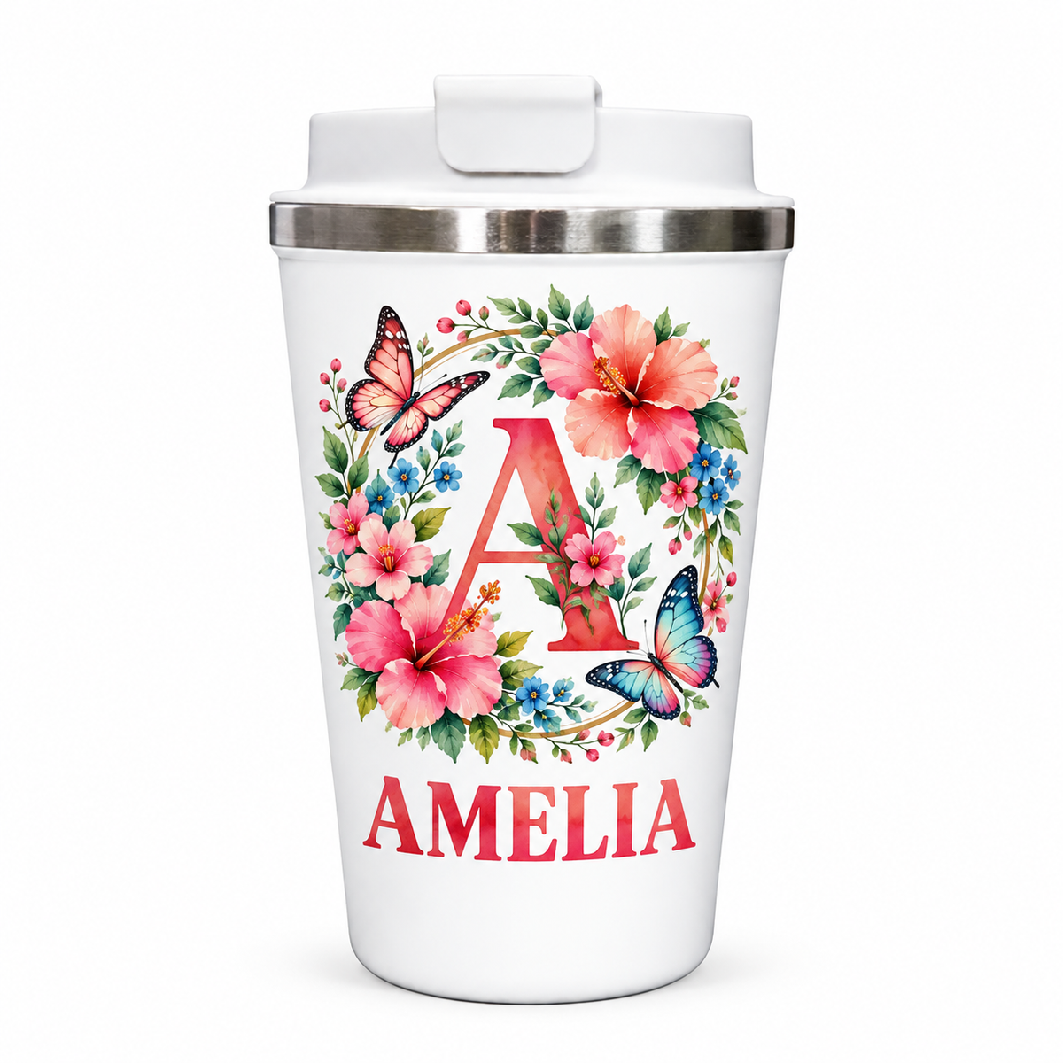 A white insulated travel tumbler with a flip-top lid and a stainless steel rim, decorated with a colorful floral wreath, a large red letter A, butterflies, and the name AMELIA in red text.