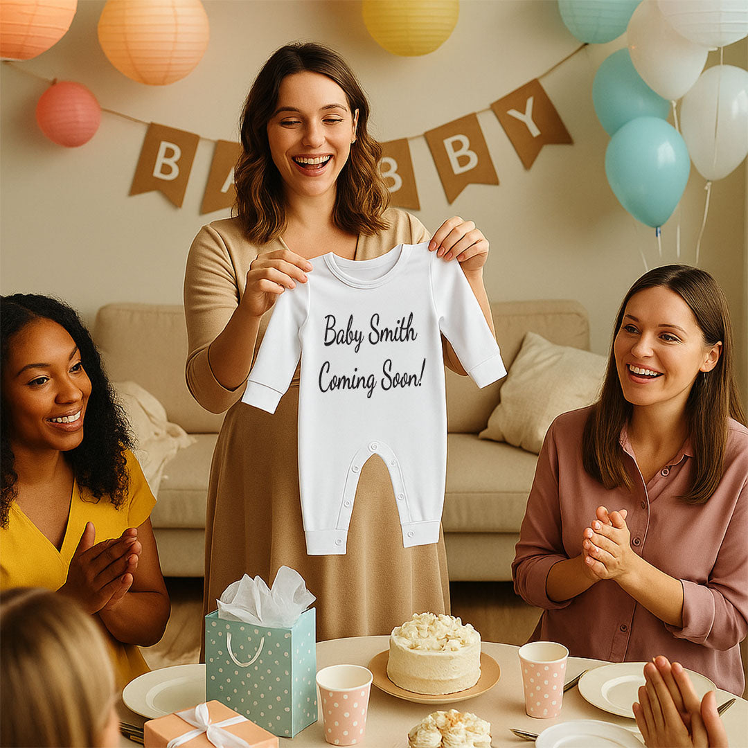 A woman in a beige dress holds up a white baby onesie printed with 'Baby Smith Coming Soon!' in black script, surrounded by smiling guests at a baby shower celebration with balloons, a banner, and a cake on a table.