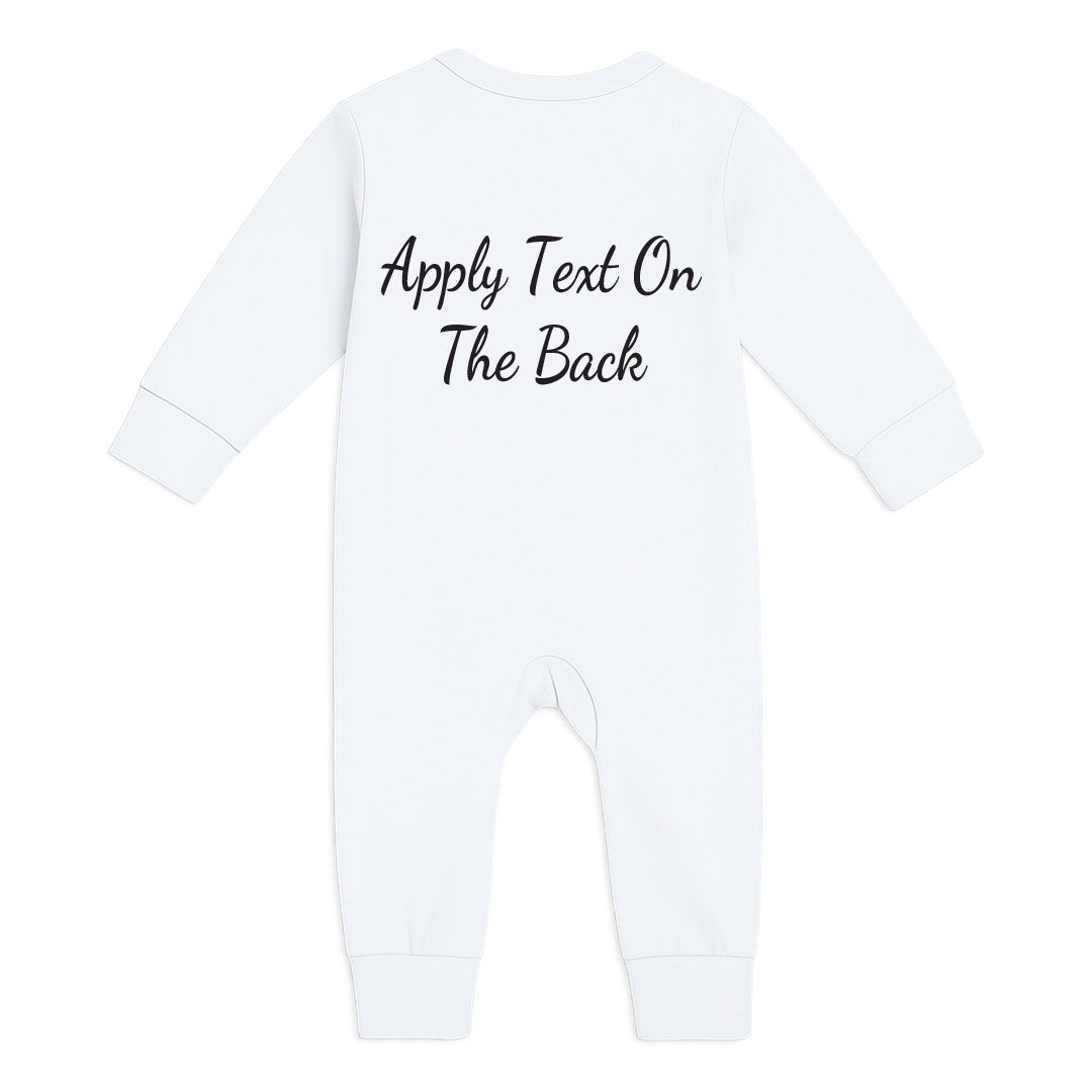 White baby onesie with text on the back against a white background
