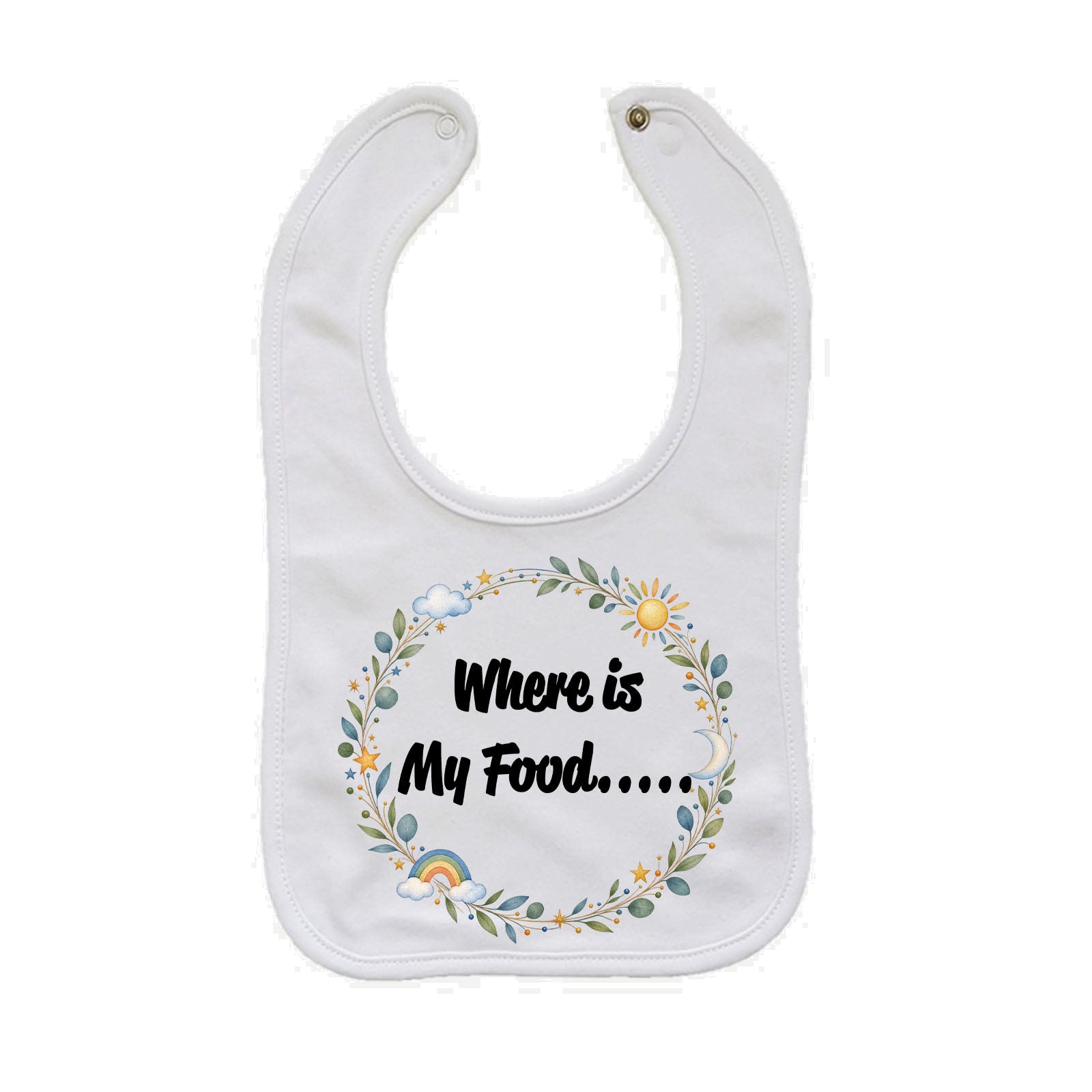 A white baby bib with a printed graphic that reads 'Where is My Food.