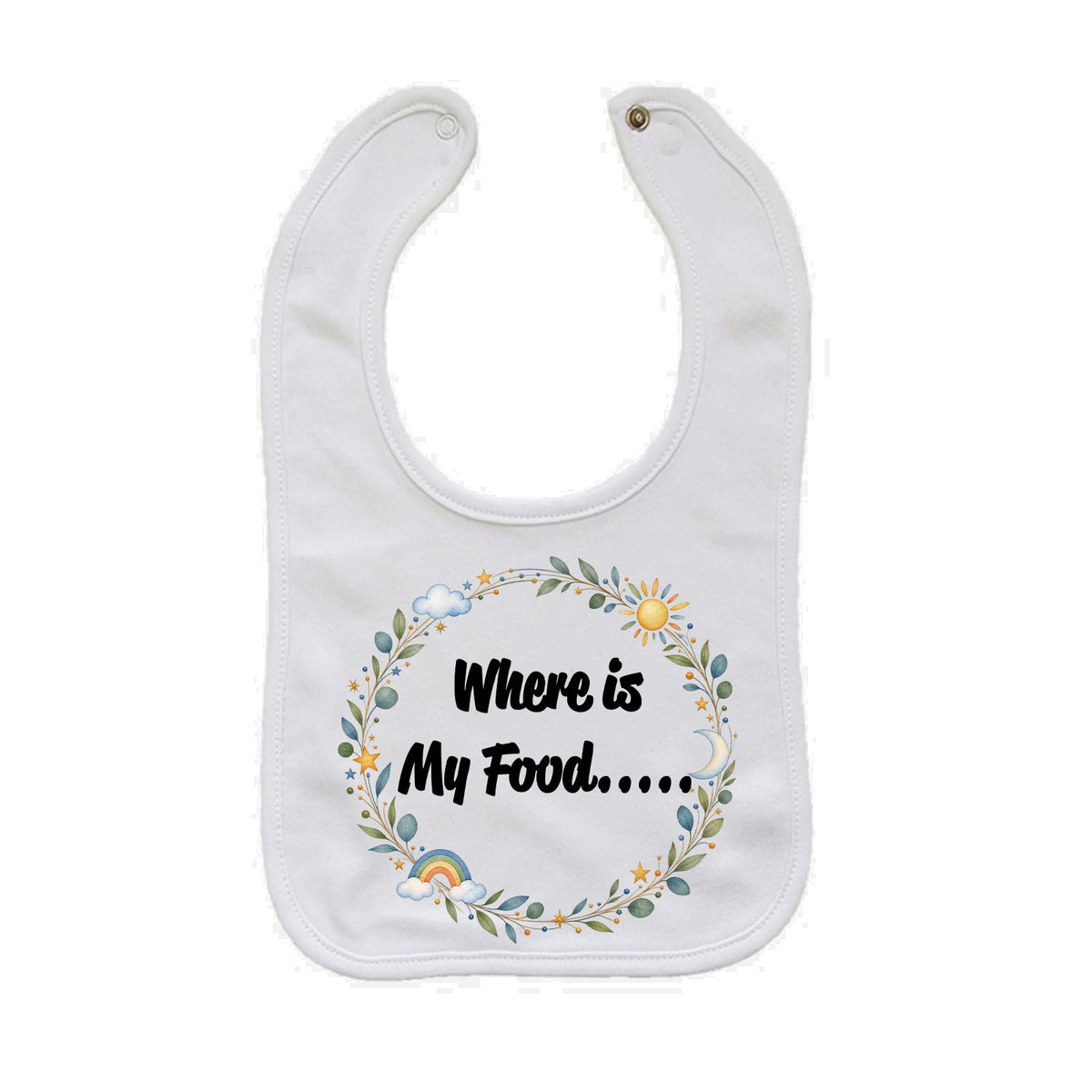 A white baby bib with a printed graphic that reads 'Where is My Food.