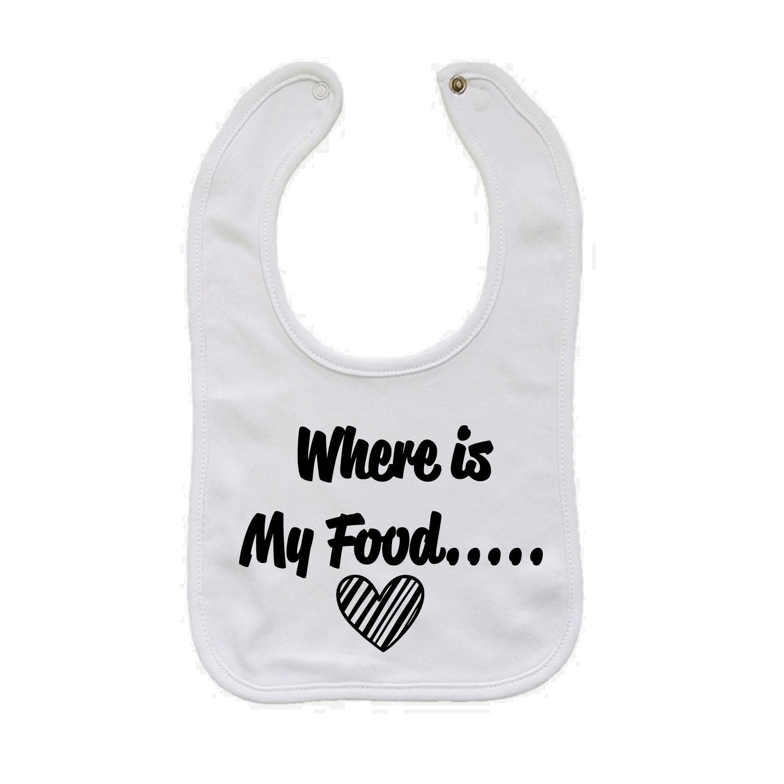 A white baby bib with the text 'Where is My Food.