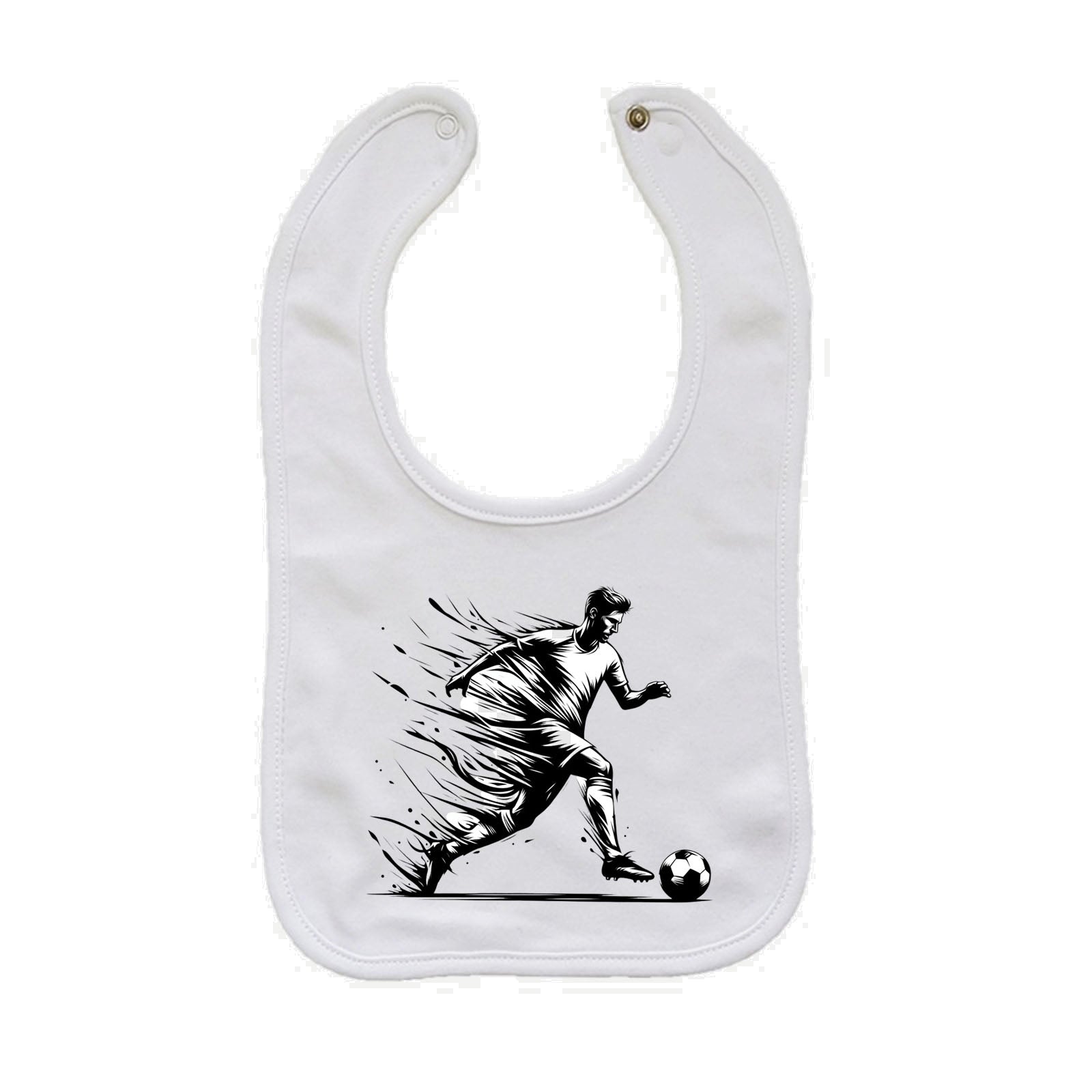 A white baby bib with a black graphic print of a soccer player running towards a soccer ball, shown on a plain white background.