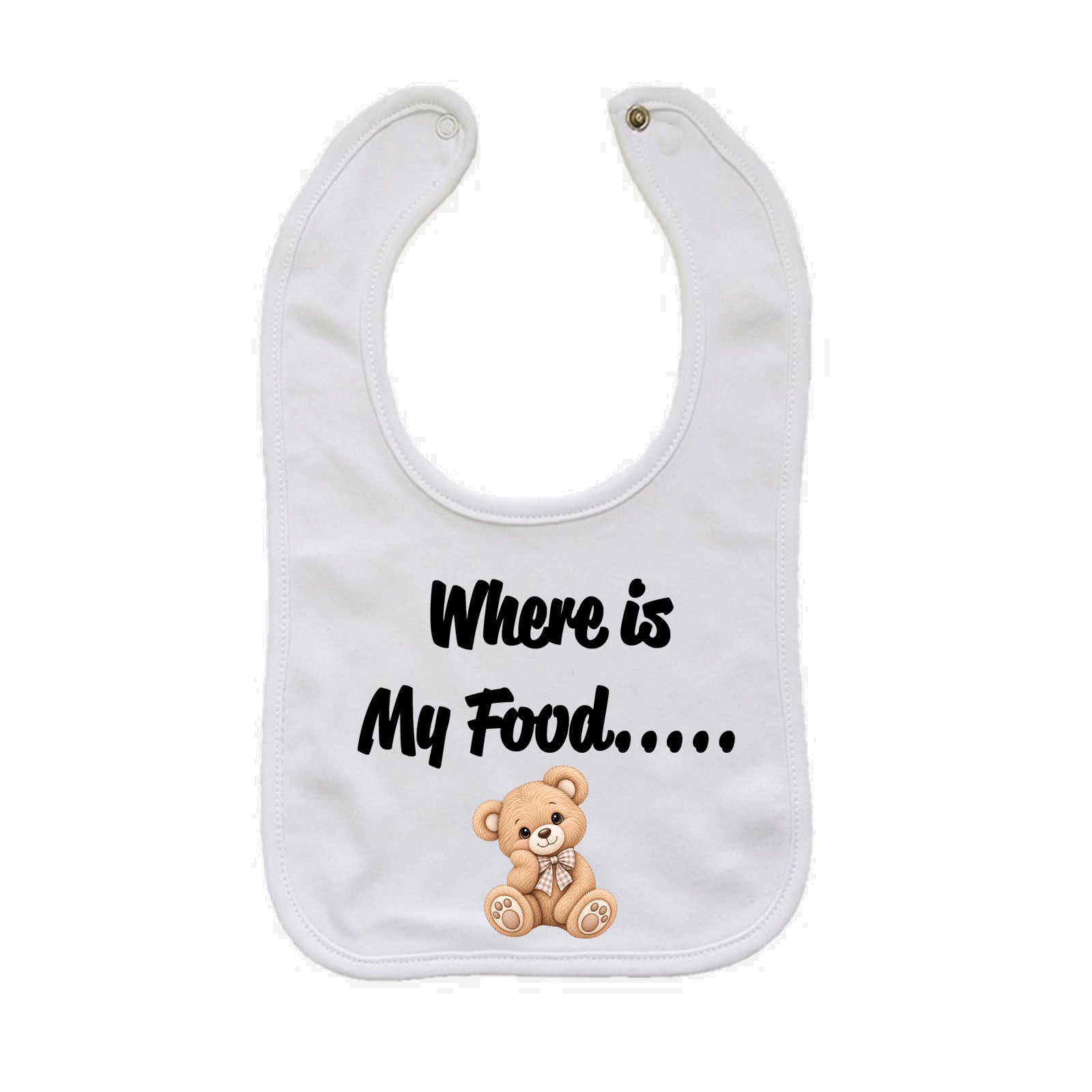 A white baby bib with the text 'Where is My Food.