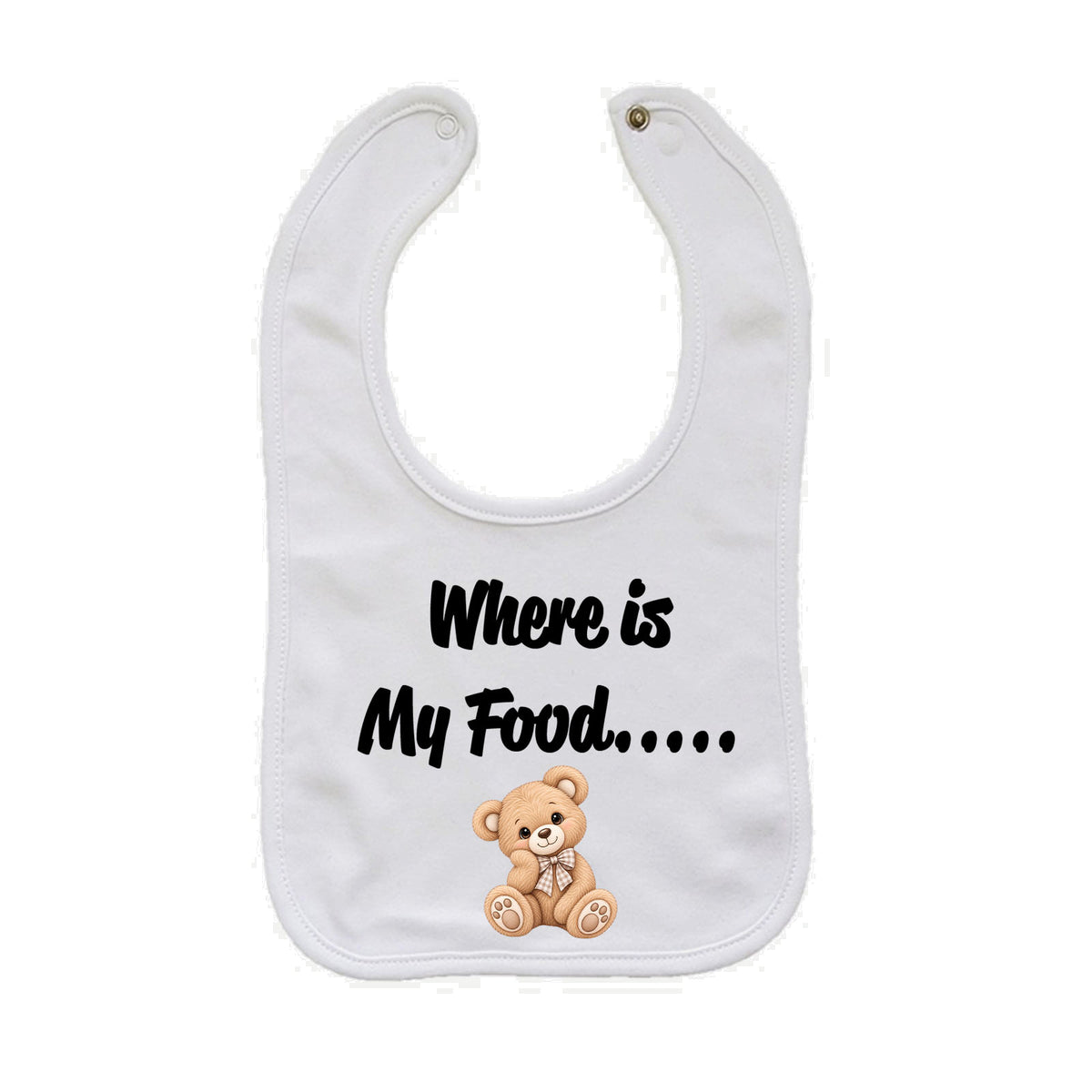 A white baby bib with the text 'Where is My Food.