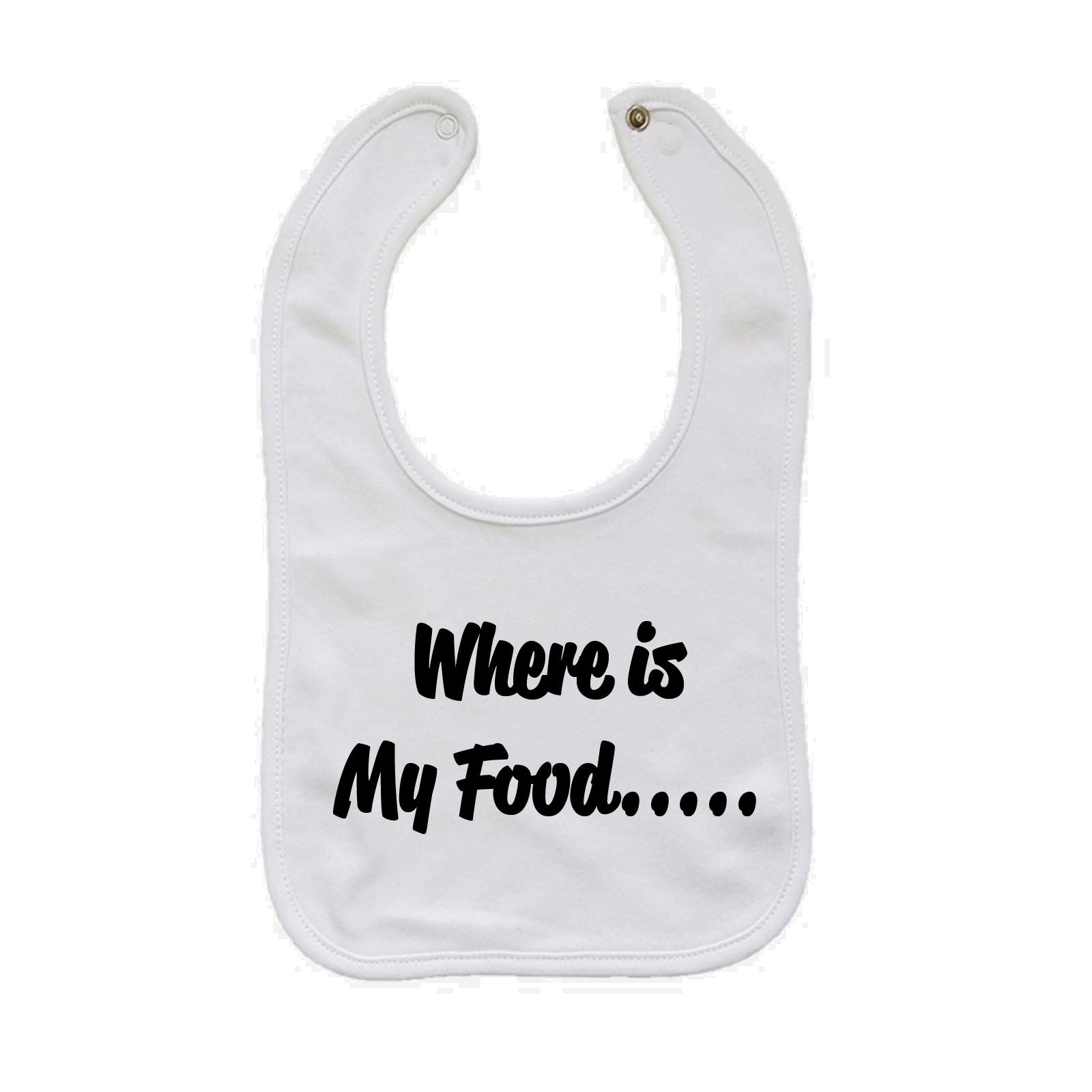 A white baby bib with the phrase 'Where is My Food.