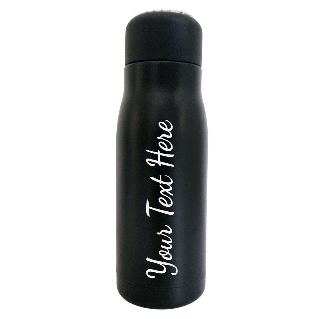 Black thermos bottle with 'Your Text Here' text on a white background