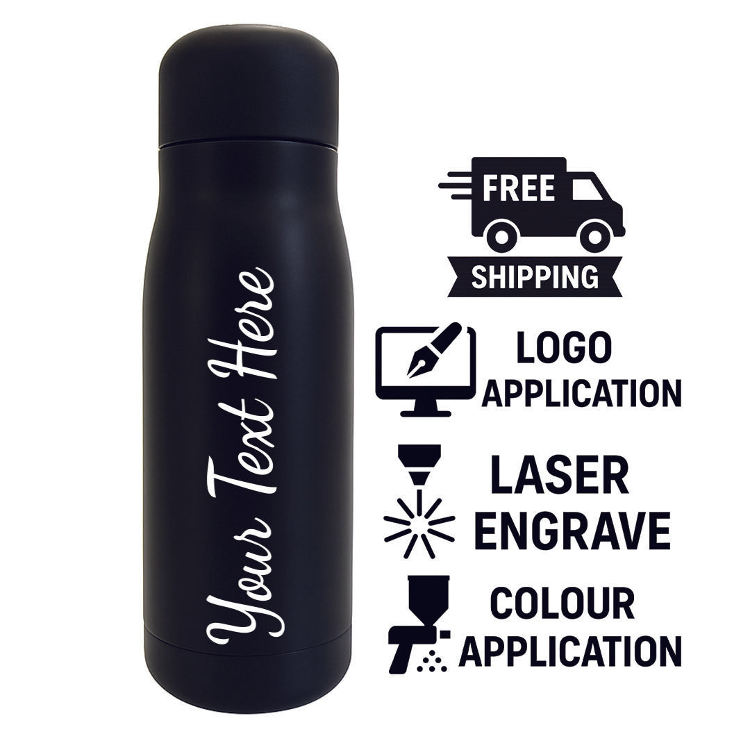 Black insulated bottle with customizable text, free shipping, logo application, laser engrave, and color application icons on a white background.