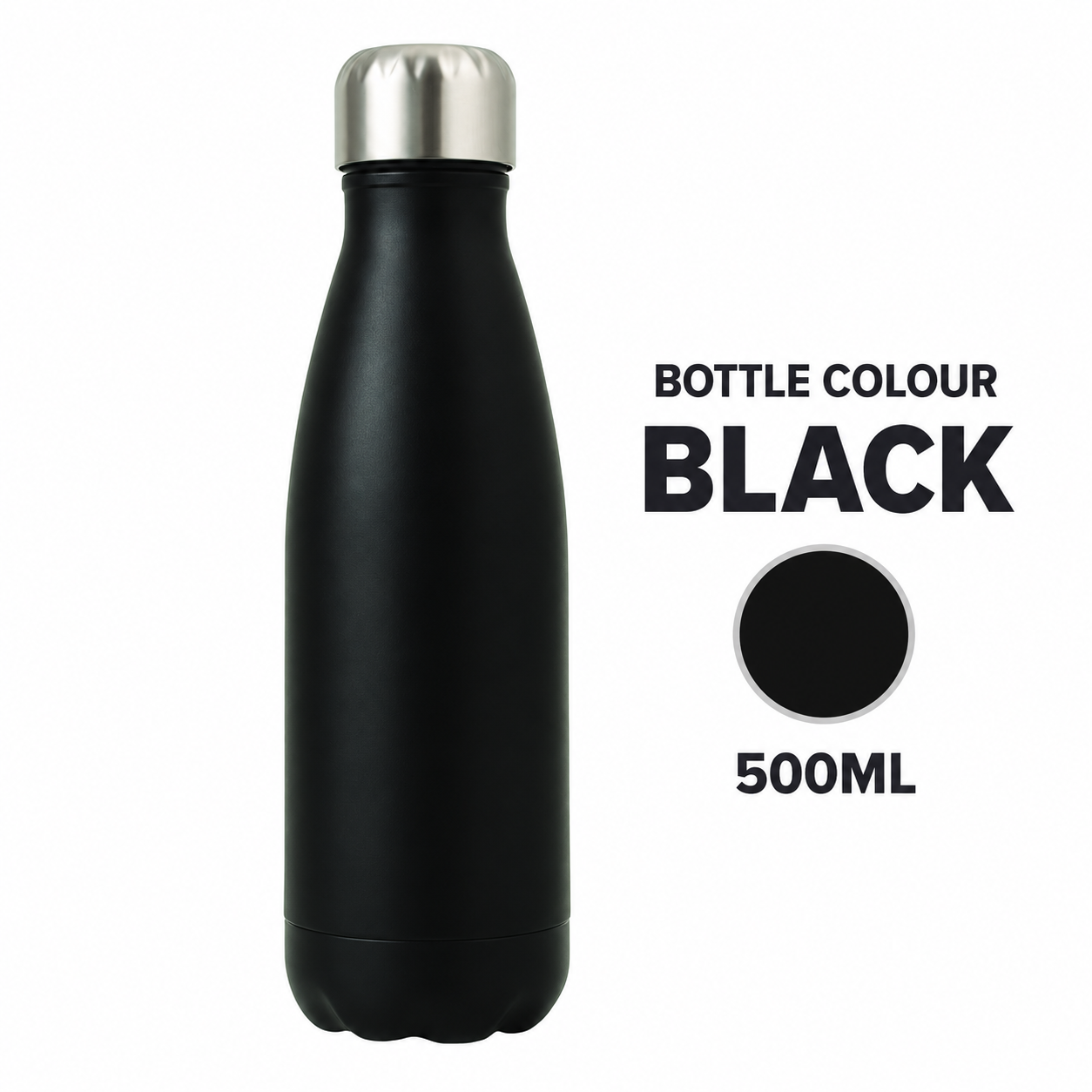 A matte black 500ml insulated water bottle with a brushed silver stainless steel cap, shown next to text reading 'BOTTLE COLOUR BLACK' and a black color swatch on a white background.