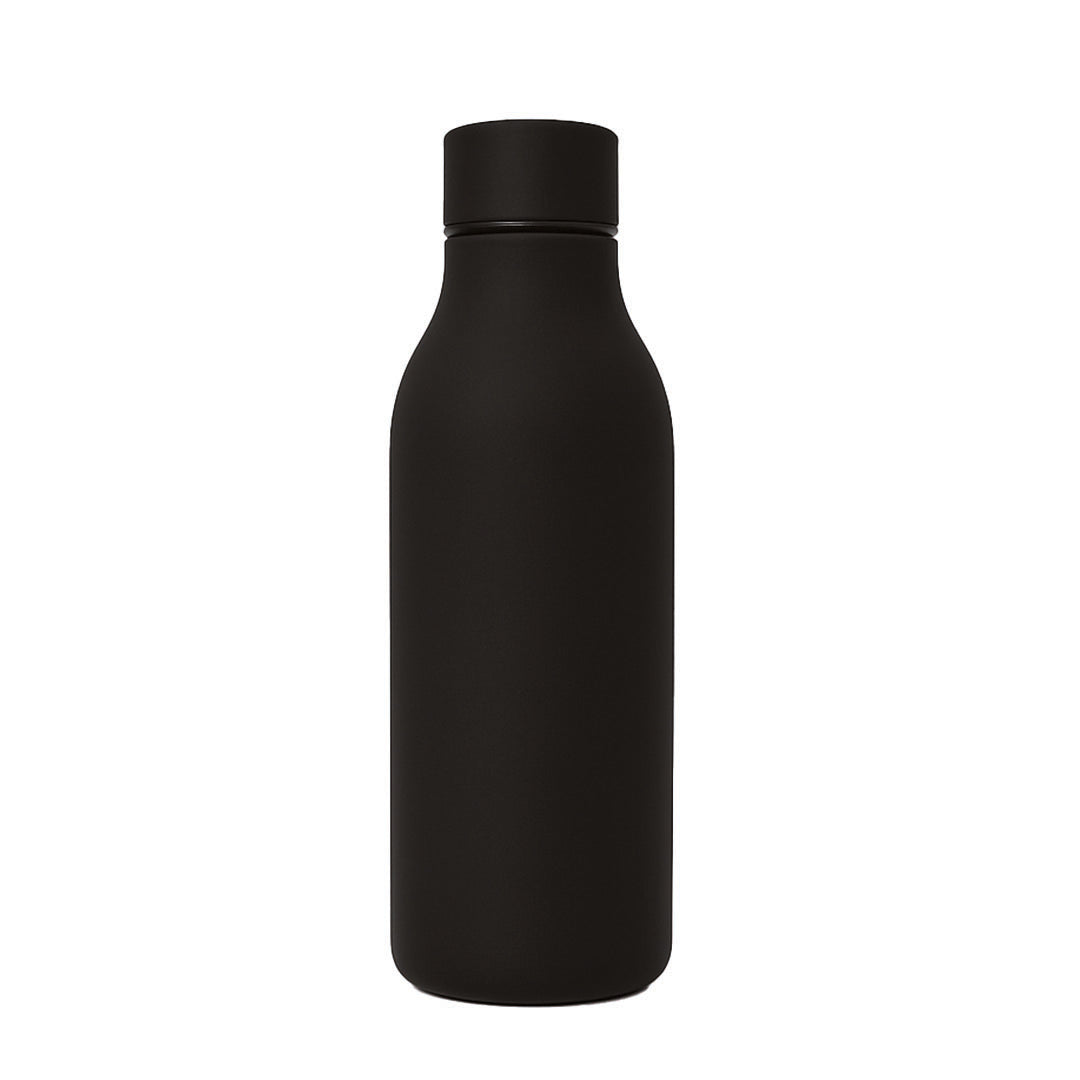 Black water bottle with a logo on a white background