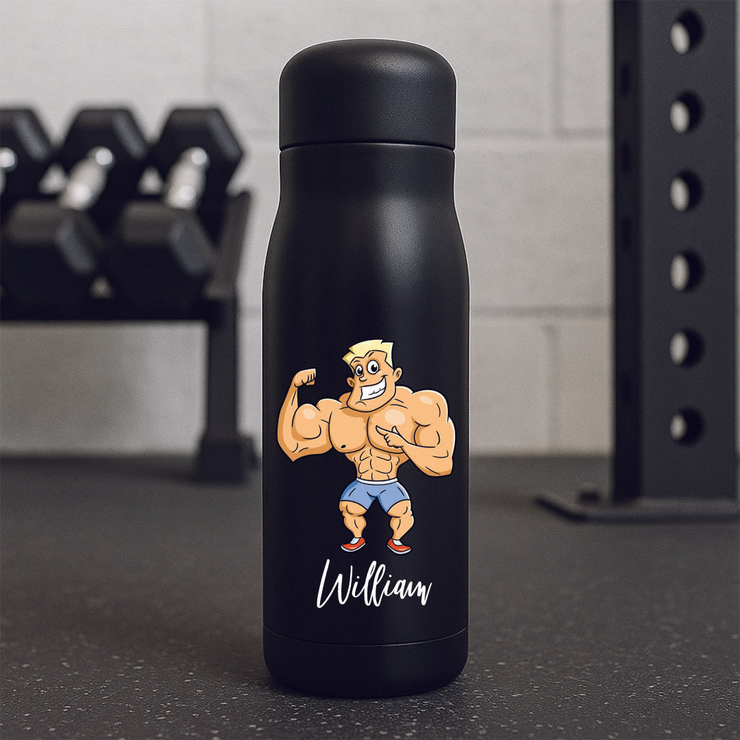 Black water bottle with a cartoon character and 'William' text in a gym setting