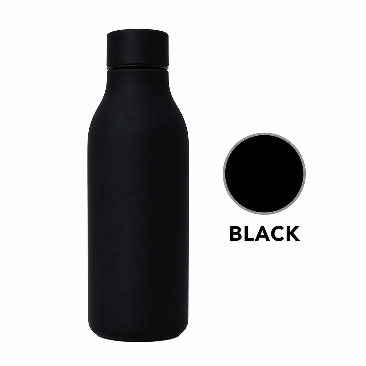 Durable black coloured bottle available to personalise by laser engraving or full coloured print