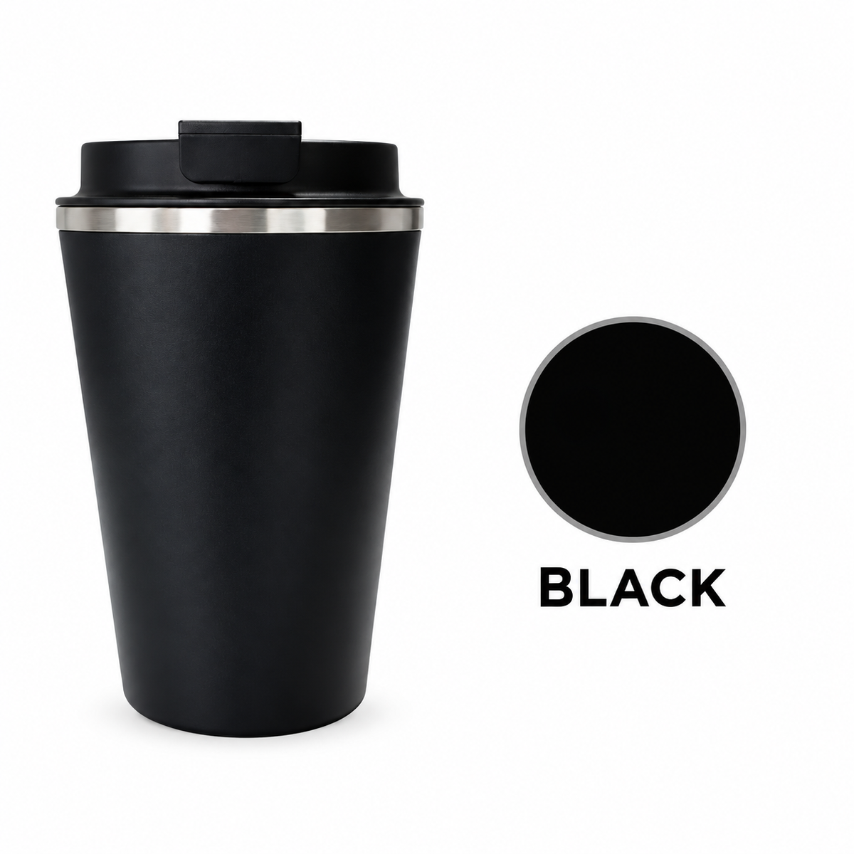 A black insulated travel tumbler with a matching black lid and a thin silver metal band near the rim, shown on a white background next to a circular black color swatch labeled BLACK.