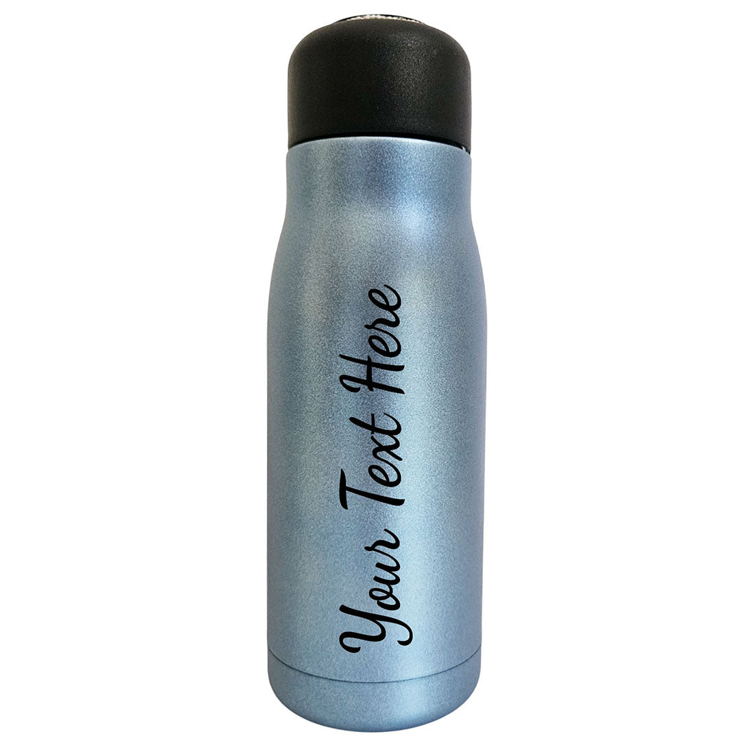 Blue thermos bottle with black text 'Your Text Here' on a white background