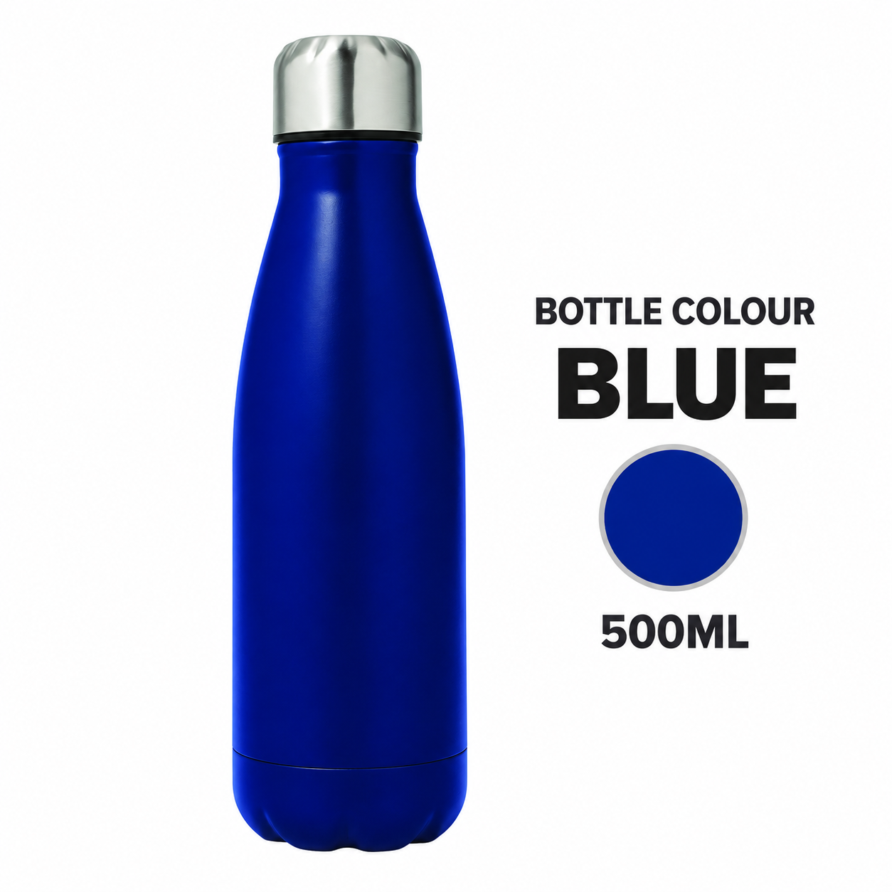 A 500ml insulated water bottle in a vibrant blue color with a brushed silver stainless steel cap, shown next to a blue color swatch and text reading 'BOTTLE COLOUR BLUE 500ML' on a white background.