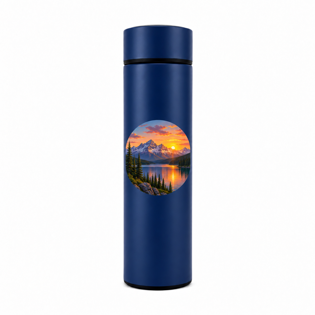 A tall, dark blue insulated water bottle with a lid, featuring a circular scenic print of a mountain lake at sunset on the front, shown against a plain white background.