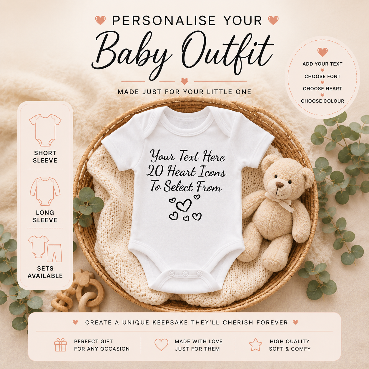 A white baby bodysuit with customizable black text and heart graphics, styled in a wicker basket with a teddy bear and eucalyptus leaves on a beige background. The image includes promotional text and feature icons for customizable baby outfits.