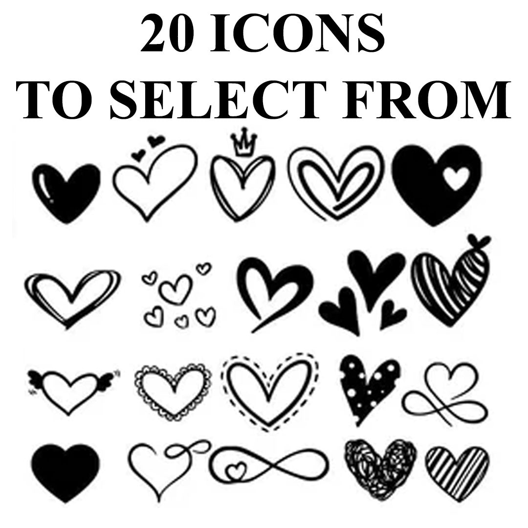 Image displaying 20 unique heart-themed icons available for customizing baby vests. Includes a variety of hand-drawn, whimsical, classic, and modern heart designs in black and white. Customers can select their favorite heart icon to personalize their baby clothing with a custom, meaningful touch.