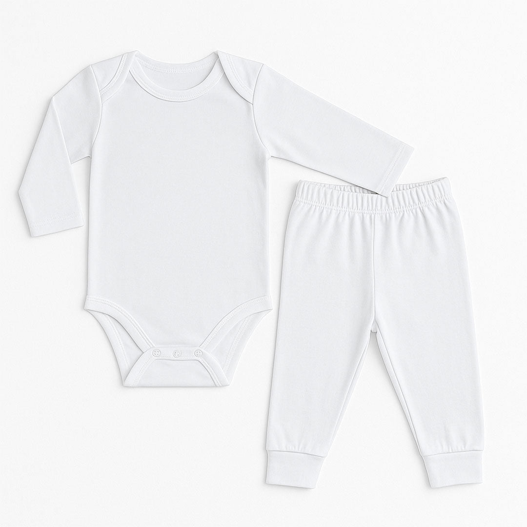 Minimalist white baby outfit featuring a long sleeve bodysuit and matching pants with a comfortable elastic waistband. Perfect for layering and everyday wear