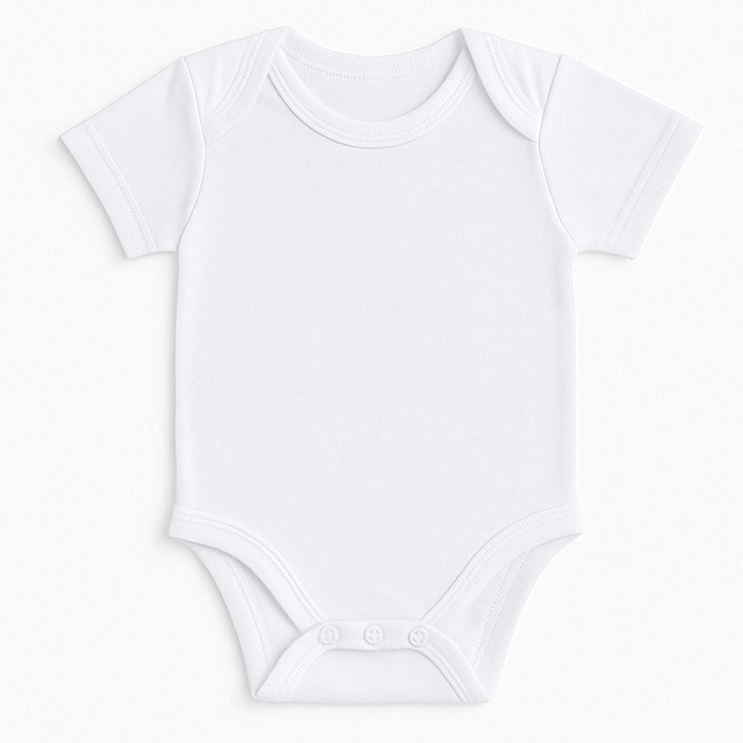 Plain white short sleeve baby bodysuit made from soft fabric for all-day comfort. Ideal for layering or wearing alone during warm weather