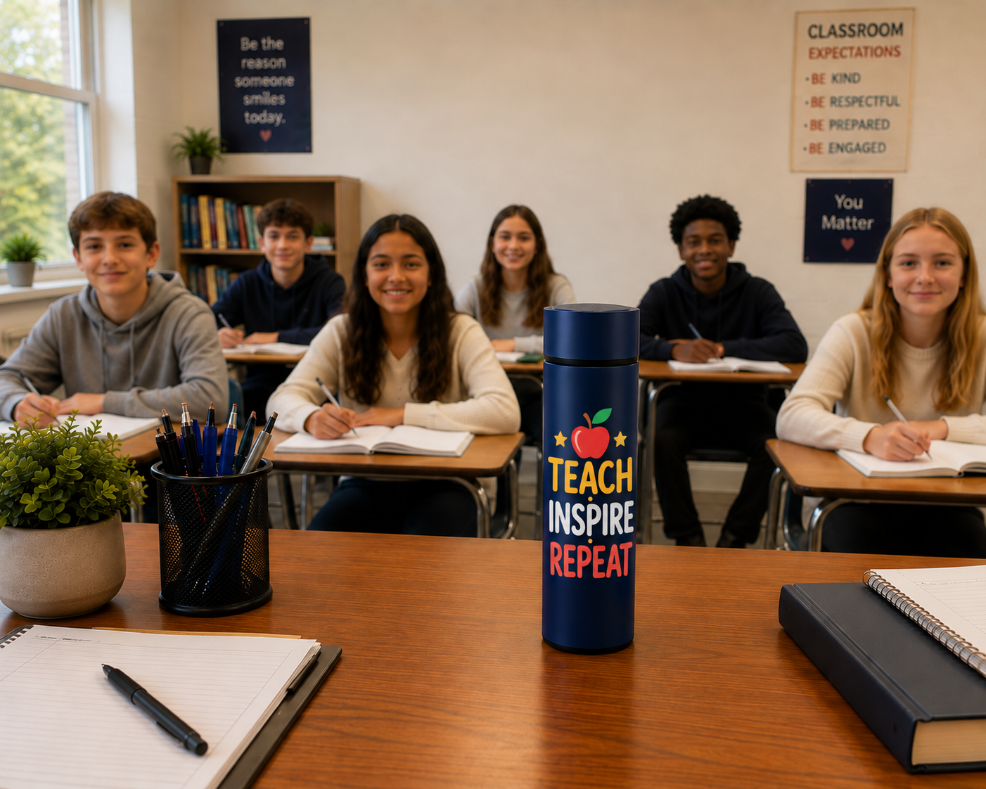 A navy blue insulated water bottle with the words 'TEACH INSPIRE REPEAT' and a red apple graphic sits on a wooden desk in a classroom, with students seated behind it.
