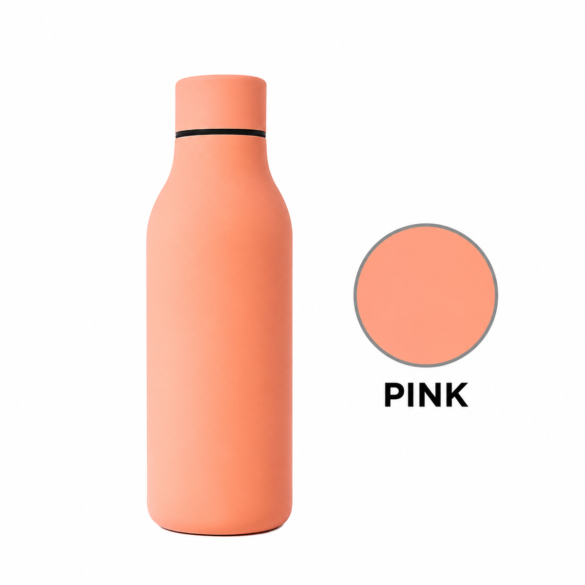 A matte pink insulated water bottle with a matching pink lid, shown next to a circular color swatch labeled 'PINK' on a white background.