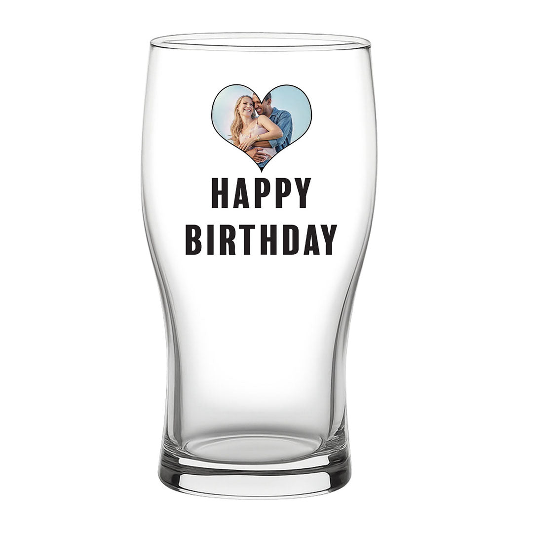 Personalised pint glass featuring a heart-shaped photo and “Happy Birthday” message, ideal birthday gift for him or her.