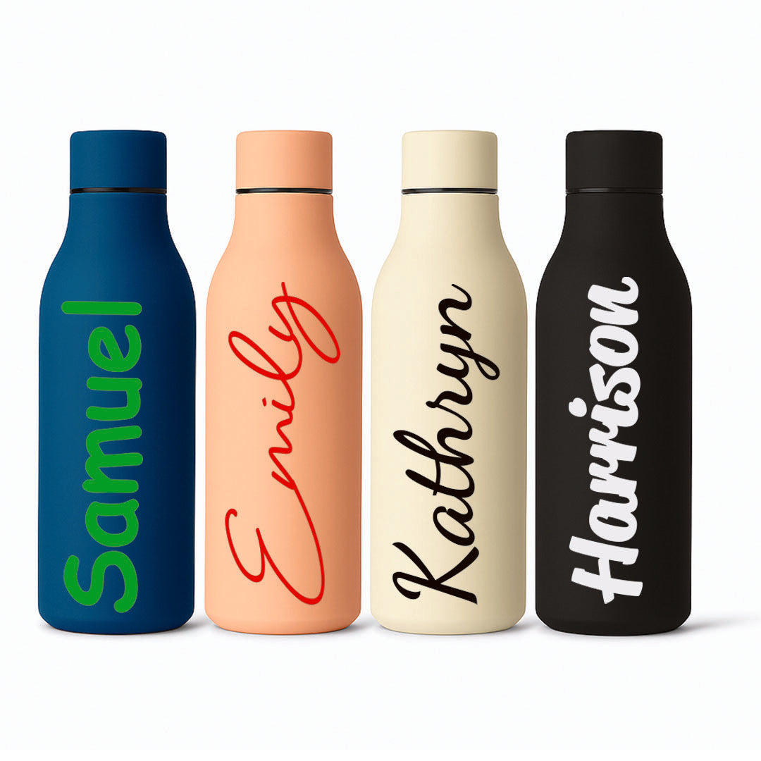Four colorful water bottles with personalized names on a white background