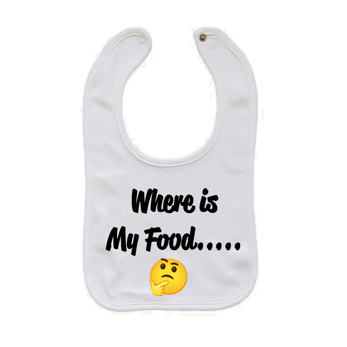 A white baby bib with the text 'Where is My Food.