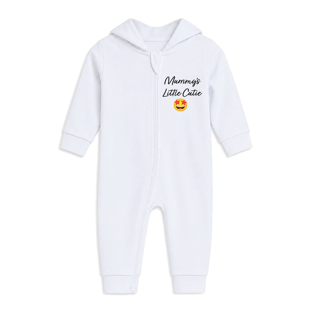 A white baby hooded one-piece romper with long sleeves and legs, featuring the text 'Mumma's Little Cute' in black script with a small yellow and red heart-eyes emoji on the chest, displayed on a clean white background.