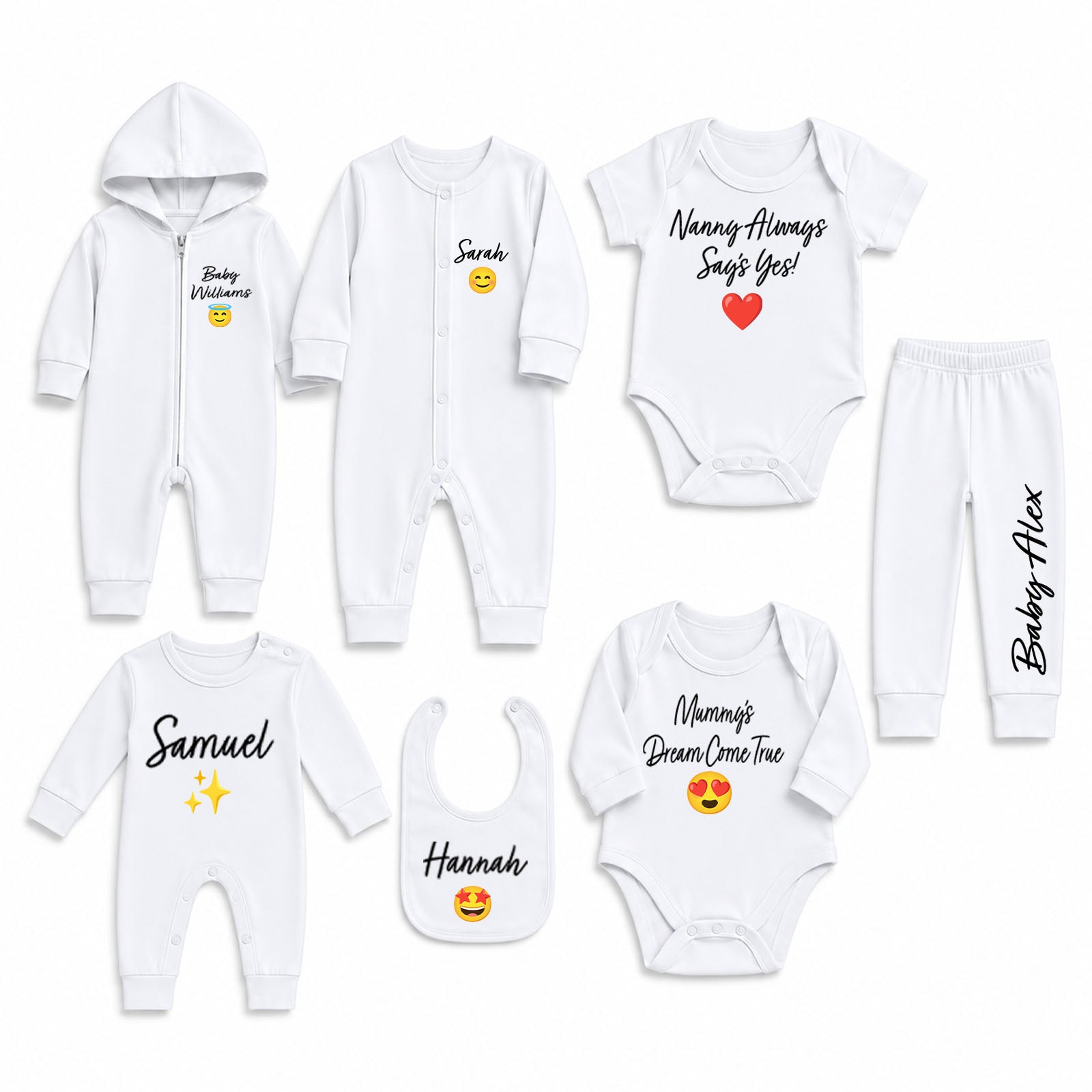 A coordinated baby clothing set laid out on a white background, including a hooded zip romper, long-sleeve bodysuit, short-sleeve bodysuit, pants, bib, and two footless bodysuits with printed names, emoji graphics, and phrases.